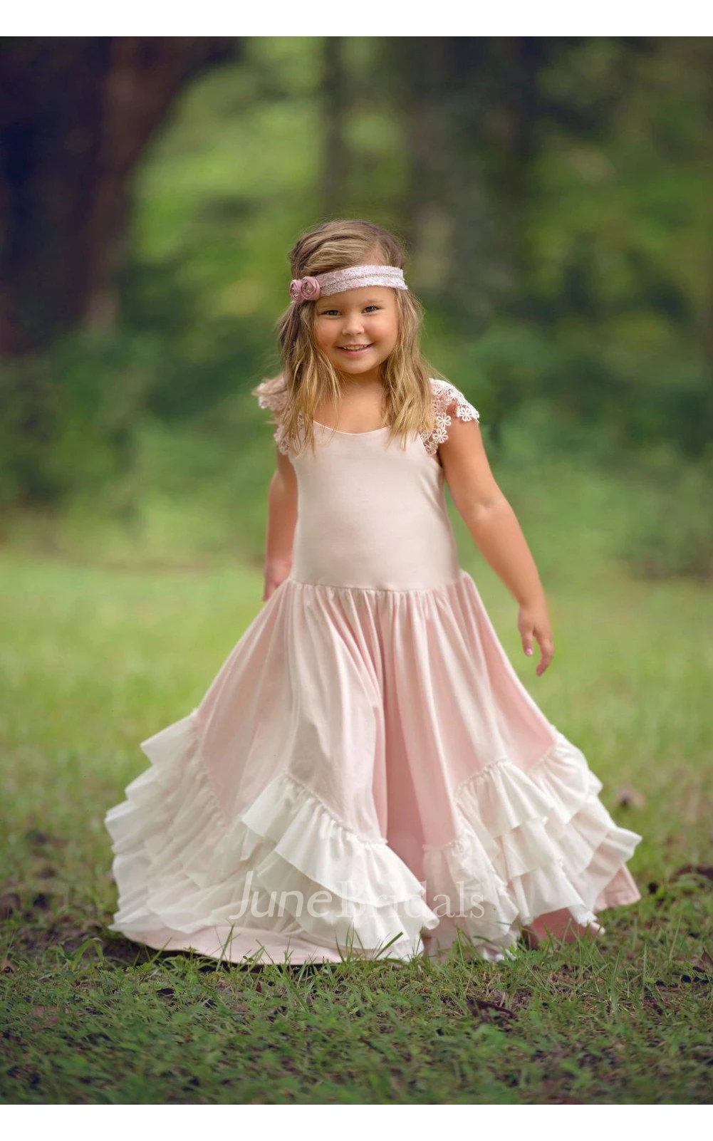 Vintage Lace Cap Sleeve Scoop Neck Ruffled A-line Jersey Flower Girl Dress