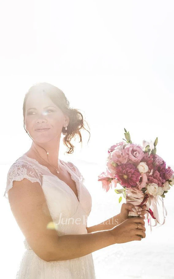 V-Neck Cap Illusion Back Lace Wedding Dress With Pleats And Sash