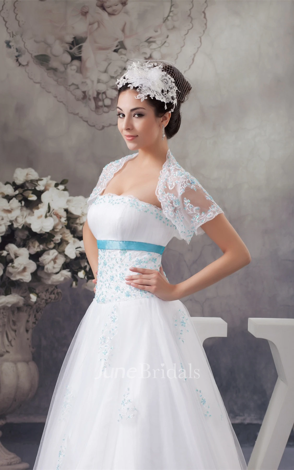 Strapless Tulle A-Line Dress with Appliques and Bolero