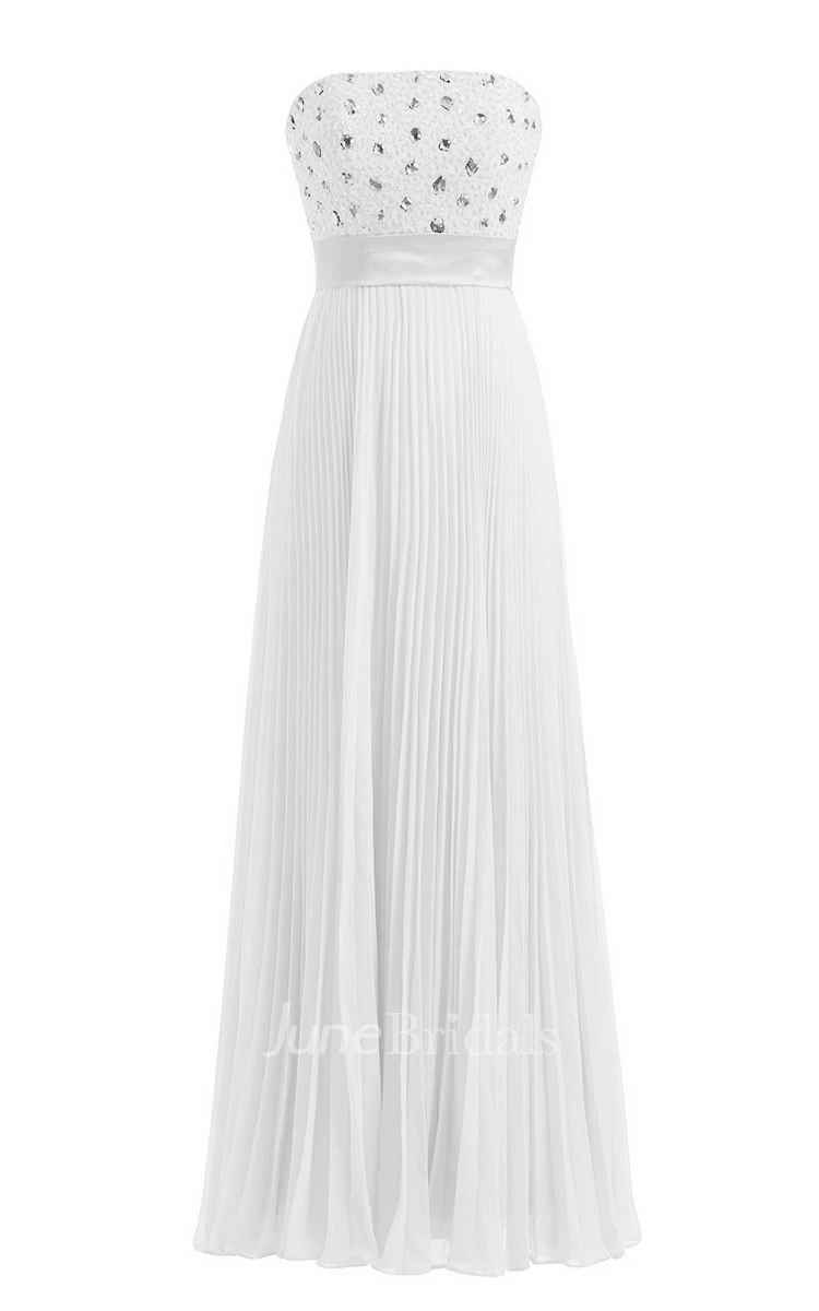 Strapless Empire Long Pleated Dress With Rhinestones