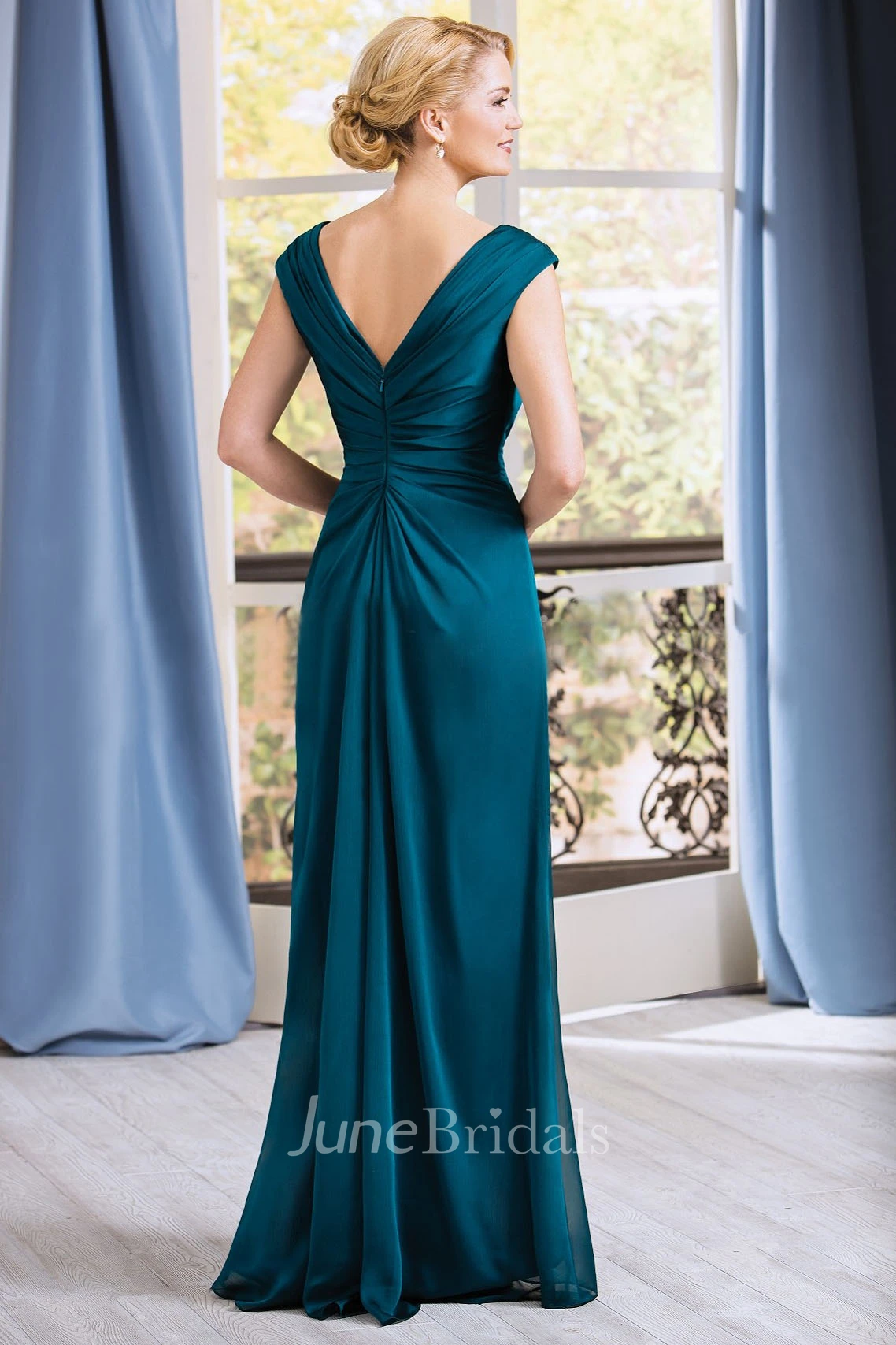 Pleated Cap-Sleeved V-Neck Long Dress with V-Back