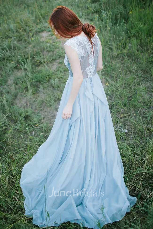 Jewel-Neck Sleeveless A-Line Chiffon Draped Dress With Lace Appliqued Top