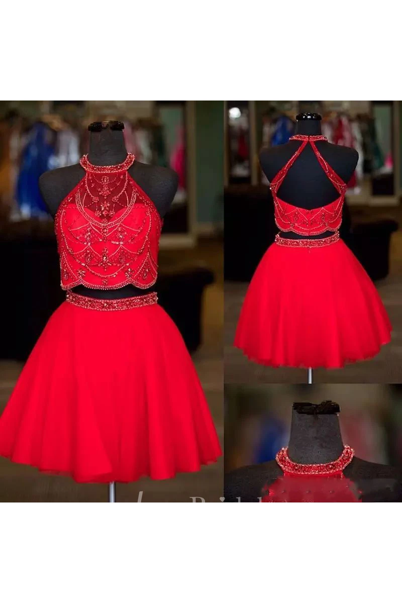 Two Piece Halter High Neck Sleeveless Beading Short Mini Chiffon Homecoming Dress
