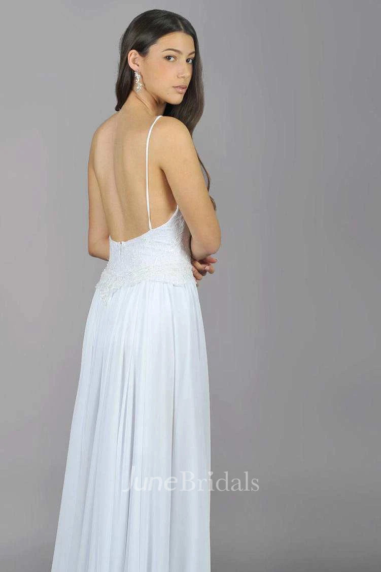 Spaghetti Sleeveless Chiffon Long Backless Dress With Lace And Zipper