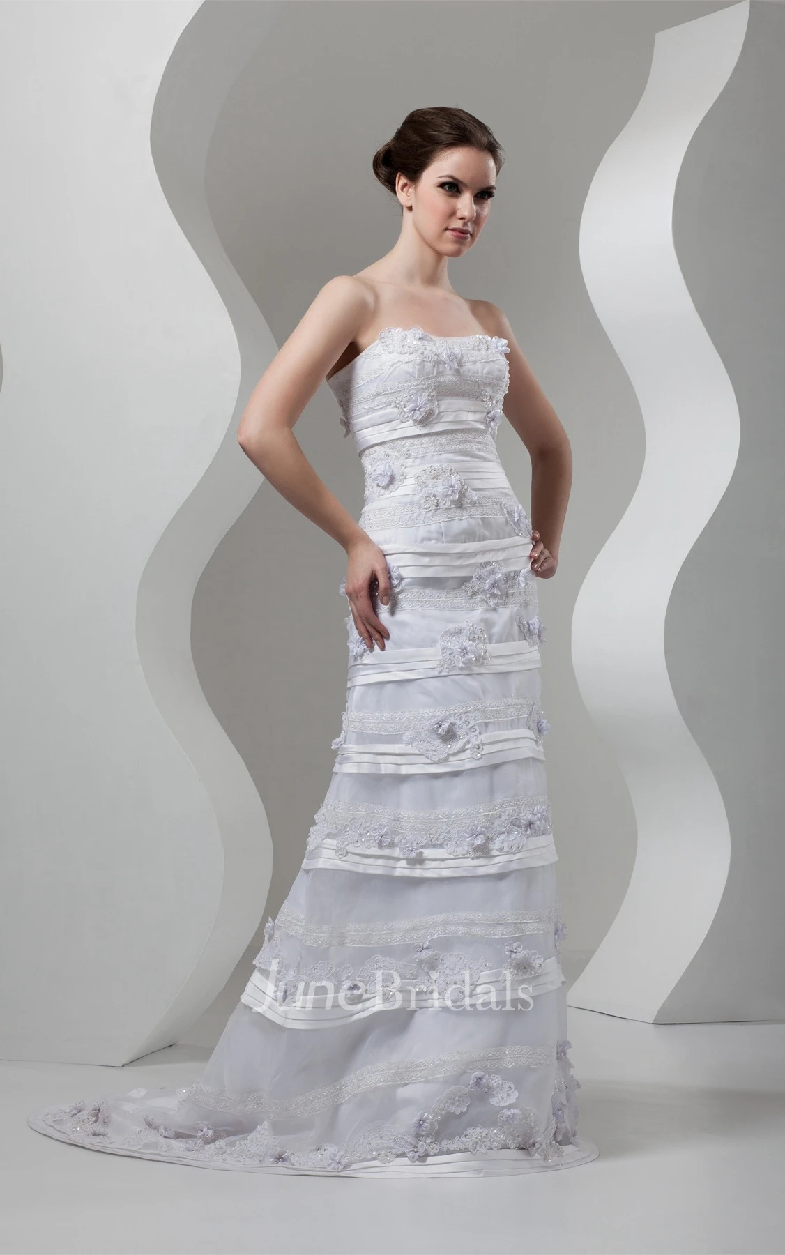 Strapless Lace Sheath Maxi Dress with Flower and Brush Train