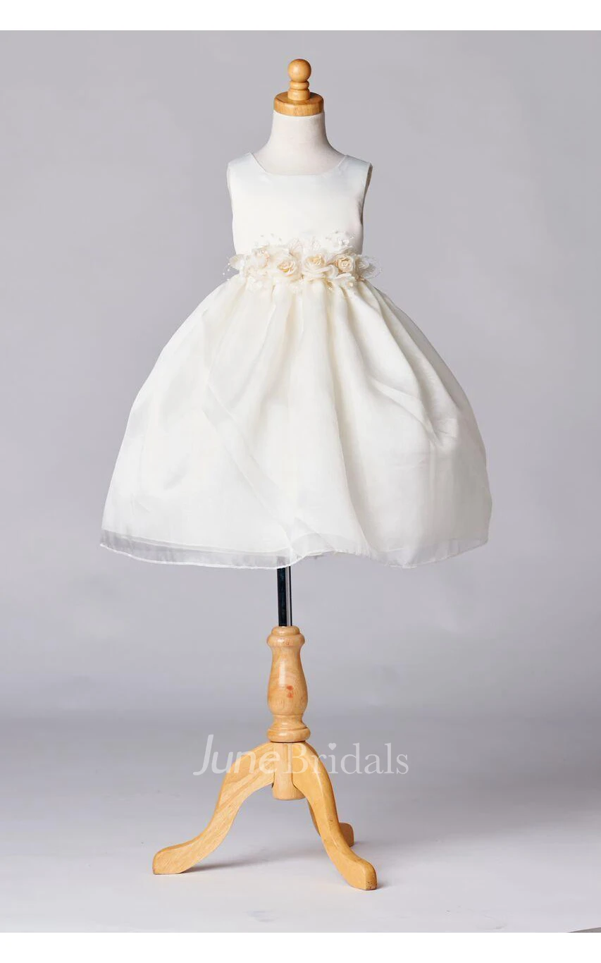 Flower Girl Dress Ivory Satin Organza Layered Skirt With Flowers Waist