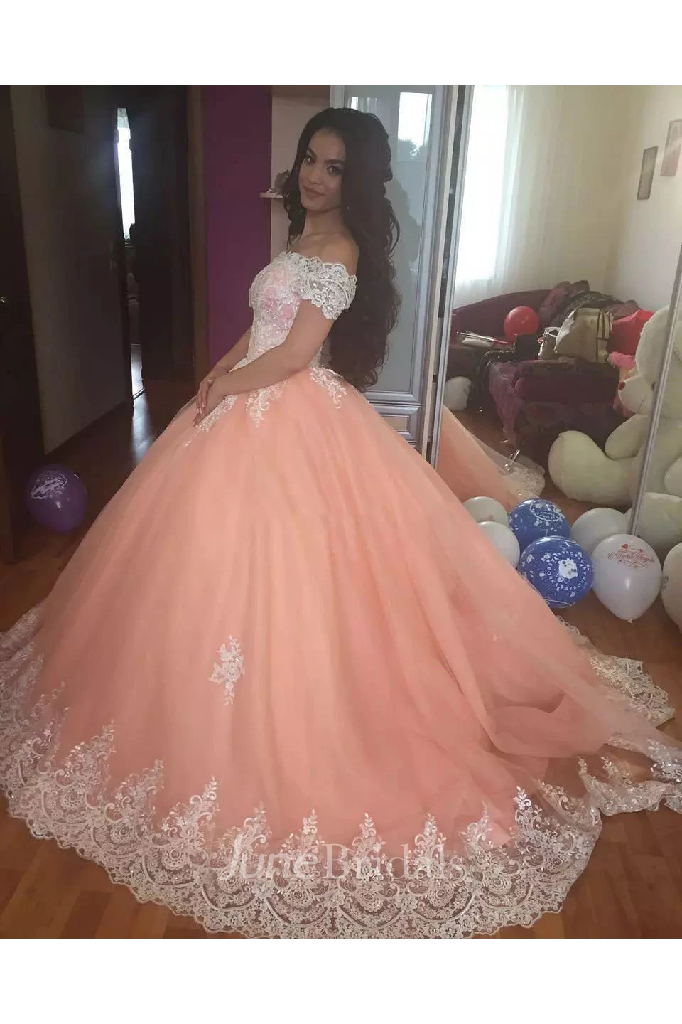 A-Line Off-the-shoulder Short Sleeve Lace Tulle Wedding Dress