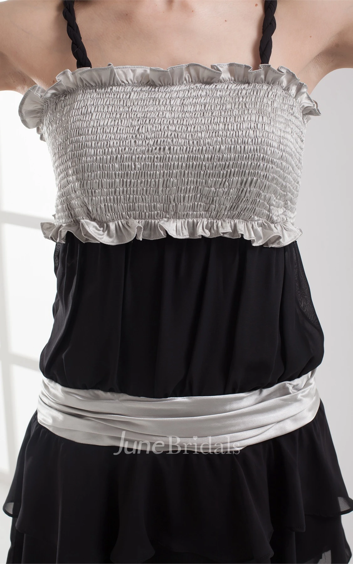 Sleeveless Spaghetti-Straps Scalloped A-Line Dress with Tulle Overlay