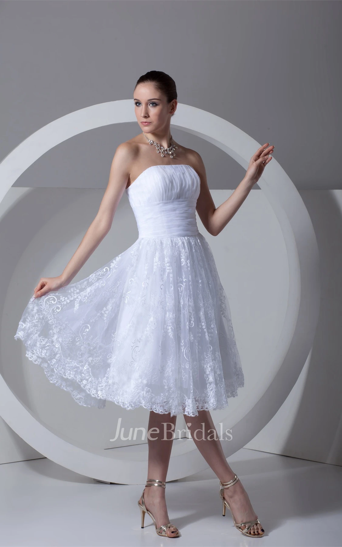 strapless a-line tea-length lace dress with ruching