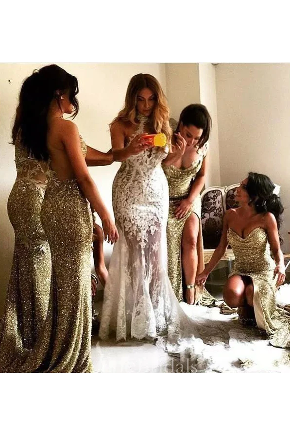 A-line Halter Sleeveless Floor-length Sequins Bridesmaid Dress with Sequins and Split Front