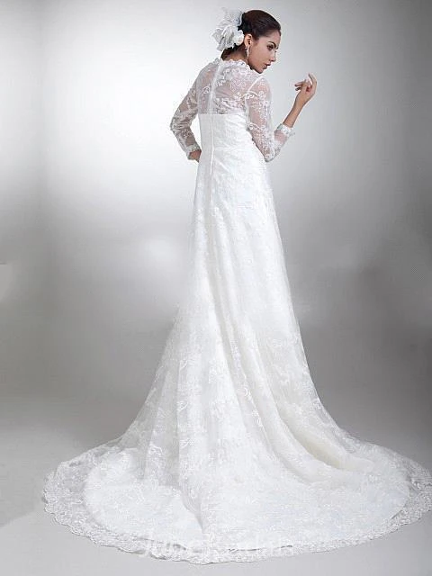 Elegant Tulle Lace Illusion Wedding Dress Sweep Train