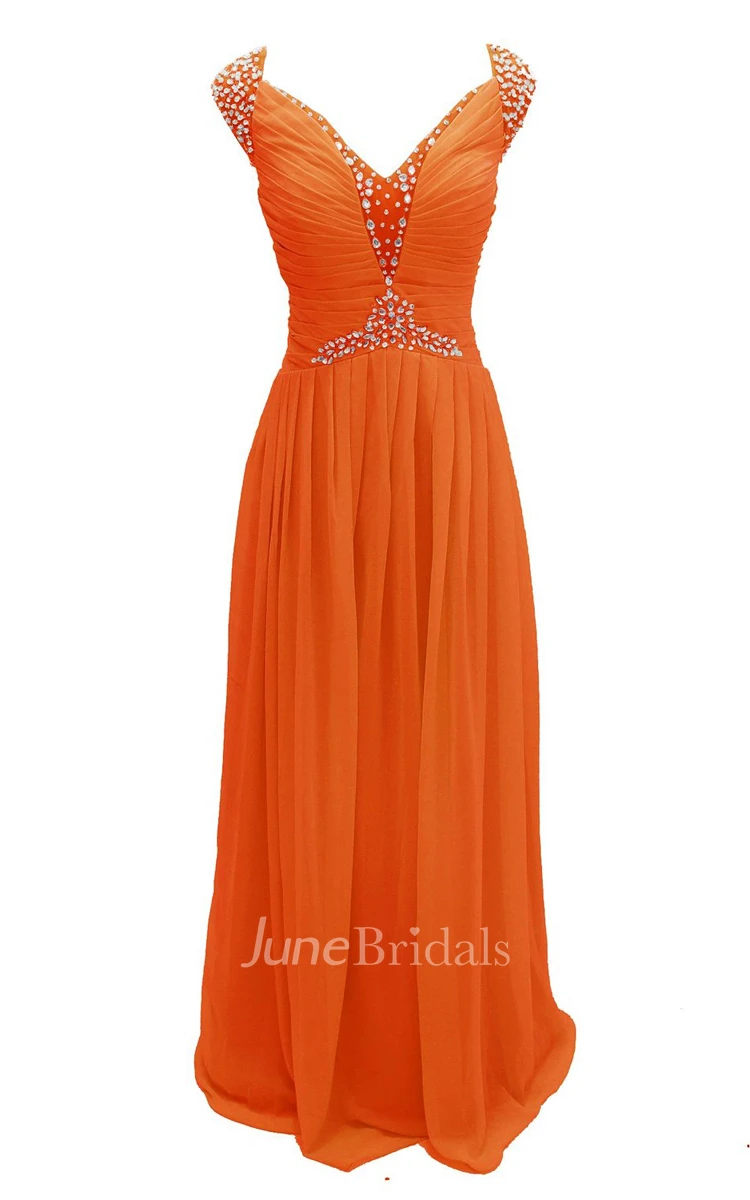 Cap-sleeve V-neck Chiffon A-line Gown With Crystal Detail