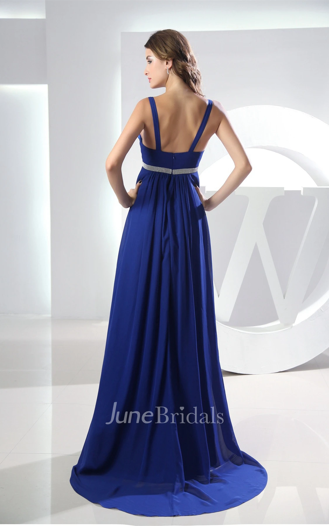 Plunged Empire Chiffon Dress with Beading and Pleats