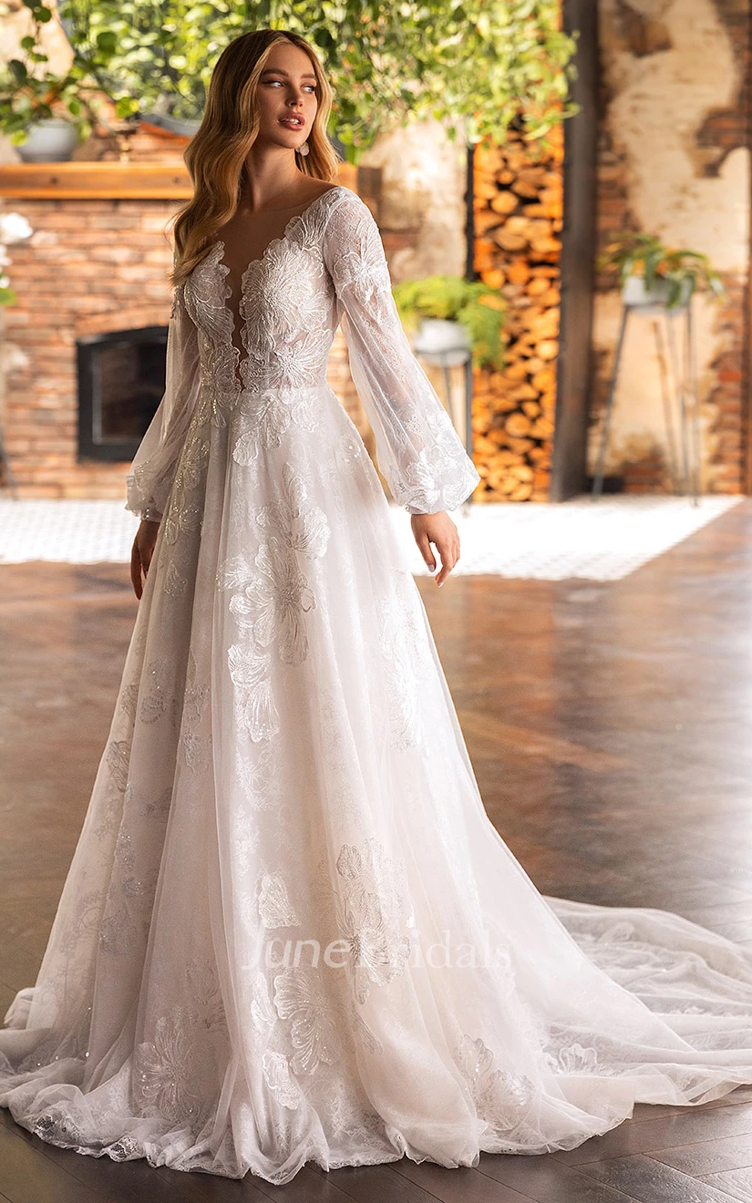Boho Off-Shoulder Sheath Scalloped Lace Wedding Dress With Long Train -  June Bridals