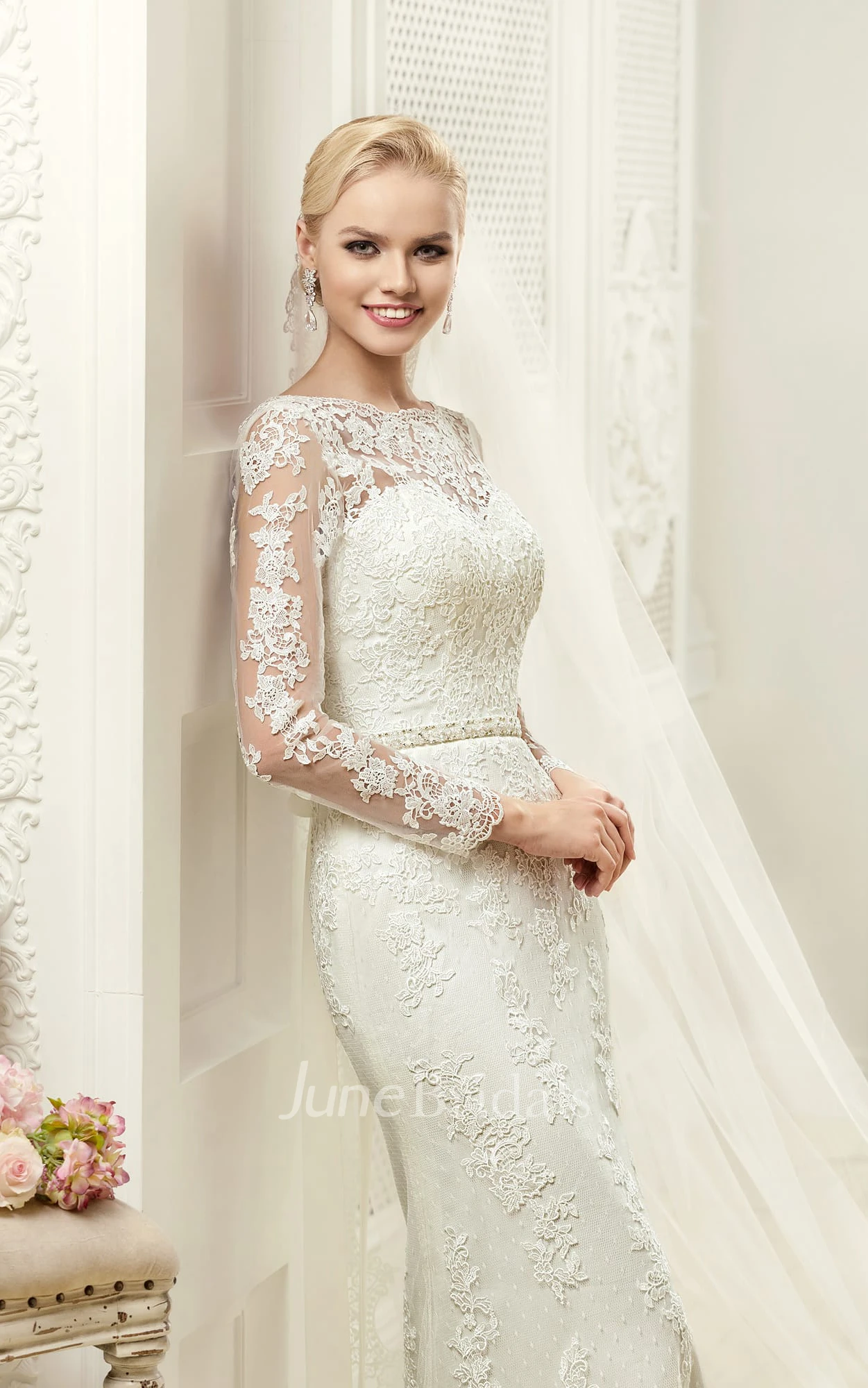 Sheath Maxi Bateau Long-Sleeve Deep-V-Back Lace Dress With Appliques And Waist Jewellery