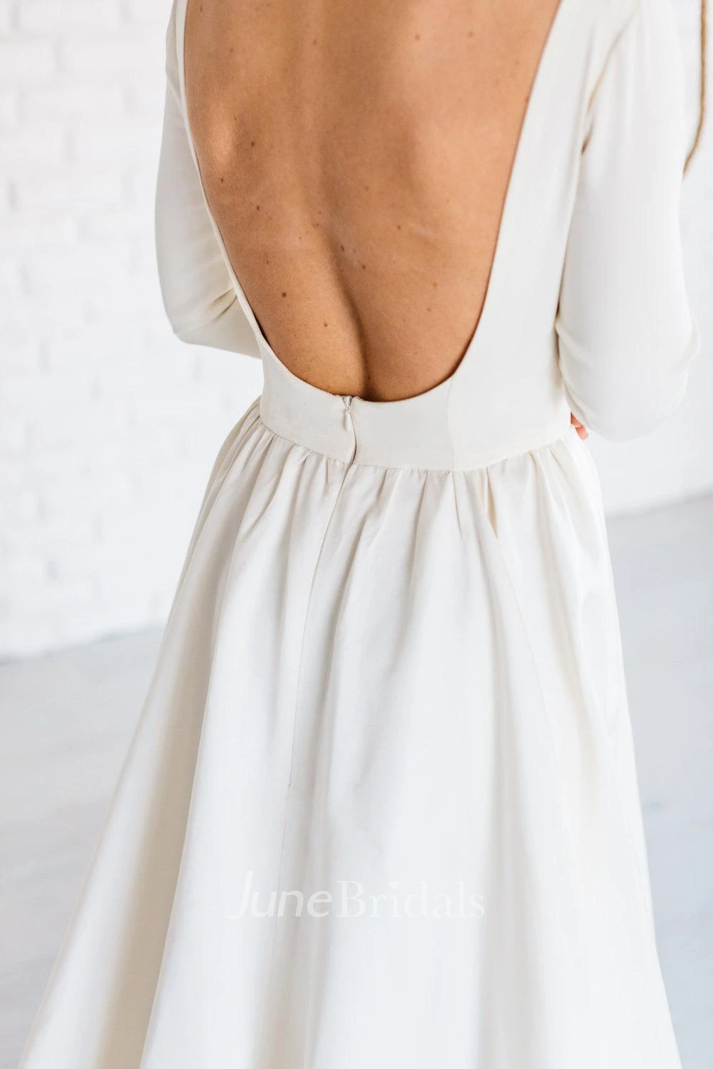 Modern Simple Long Sleeve A-Line Satin Wedding Dress With Open Back