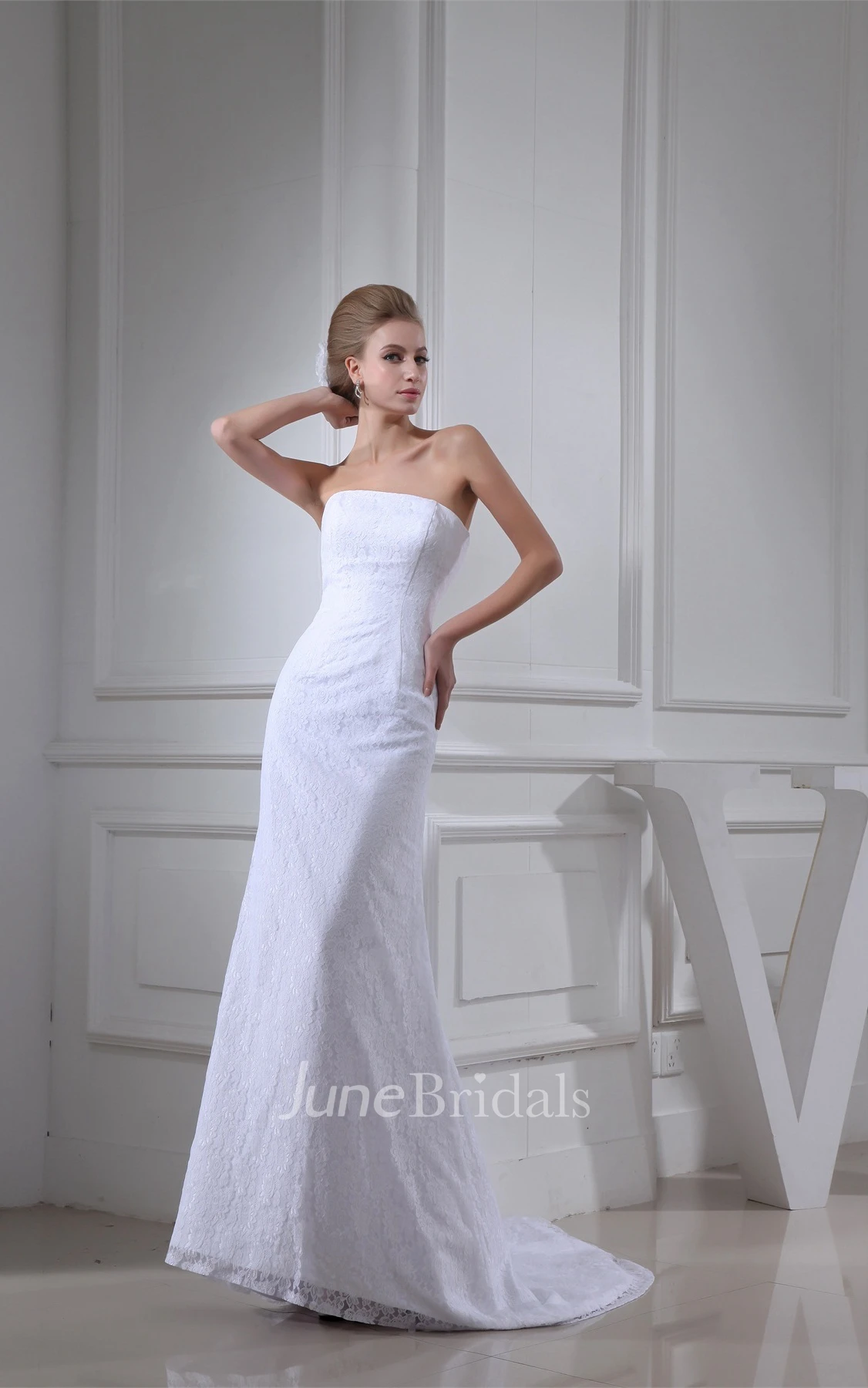 Strapless Sheath Maxi Lace Dress with Brush Train