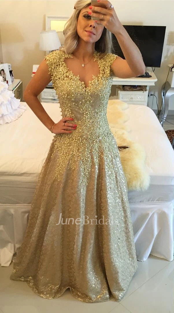 Glamorous Cap Sleeve Lace Appliques Prom Dresses Floor Length Formal Wear