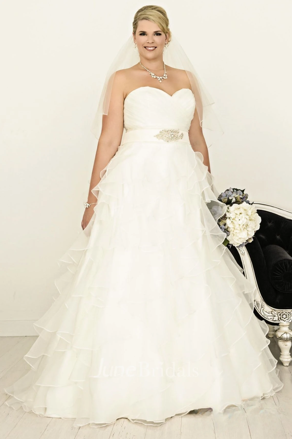 A-Line Ruffled Sweetheart Floor-Length Organza Plus Size Wedding Dress With Criss Cross And Tiers