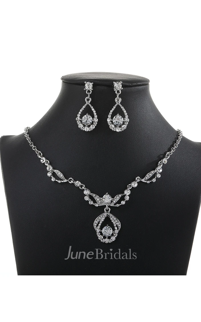 Rose Gold Rhinestone Design Necklace and Earrings Jewelry Set