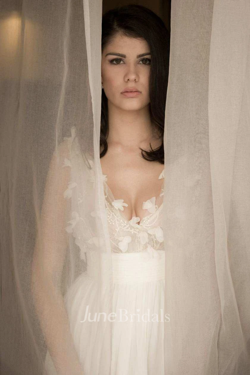 V-Neck Chiffon Floral Sash Ribbon Button Wedding Dress