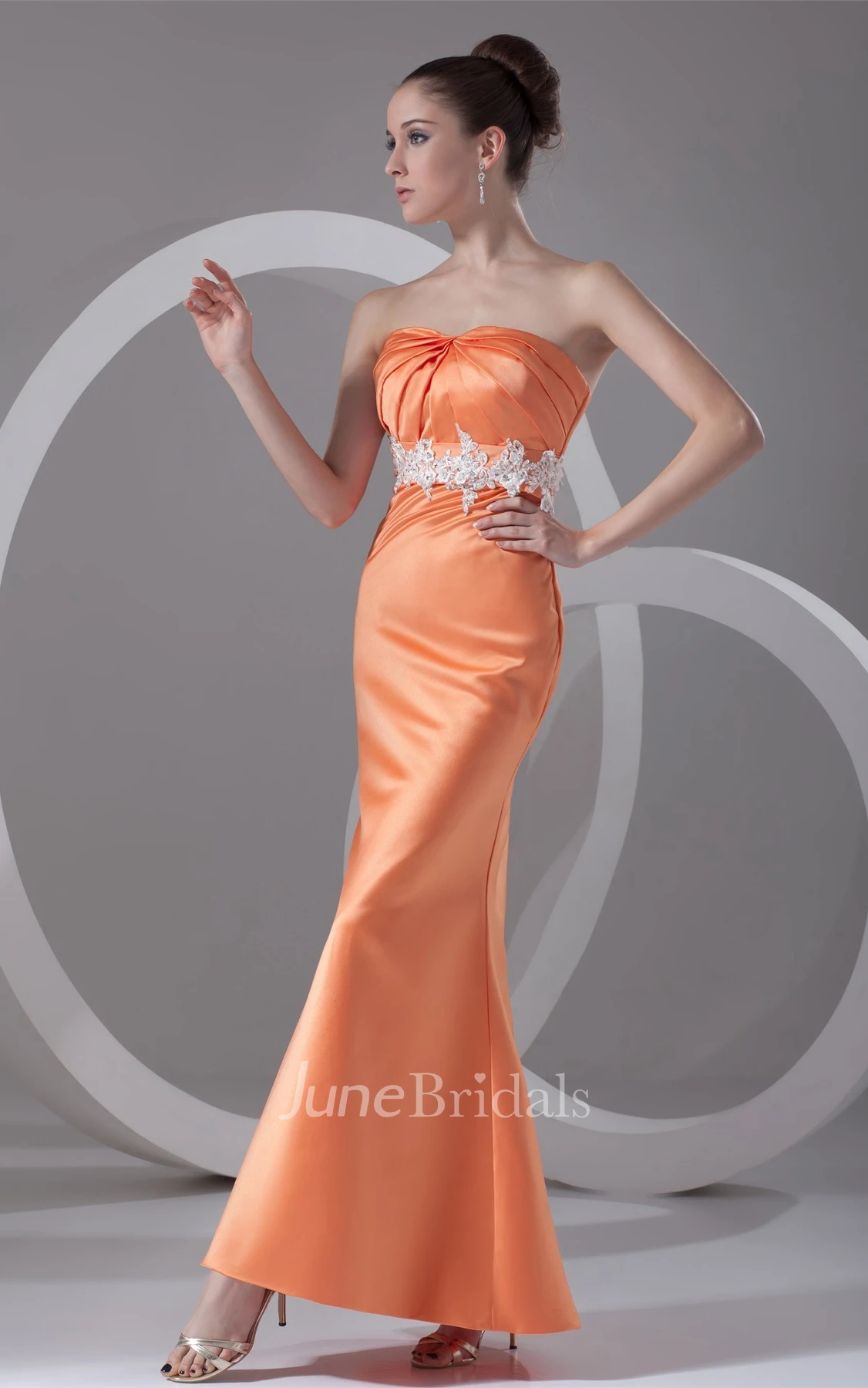 strapless ankle-length ruched satin dress with appliqued waist