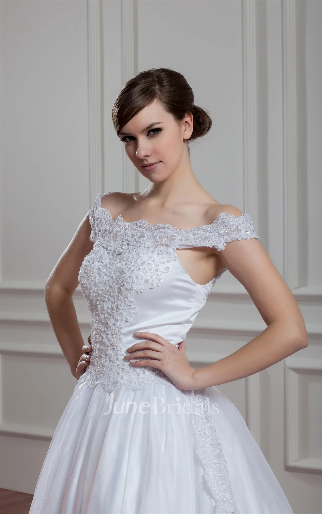 Off-The-Shoulder A-Line Appliqued Gown with Pleats