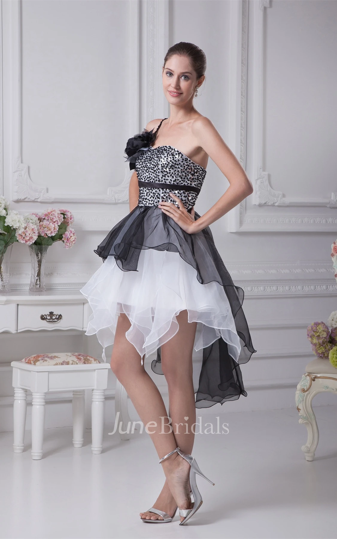 High-Low Flowered One-Shoulder Beaded Bodice Gown with Layered Ruffles