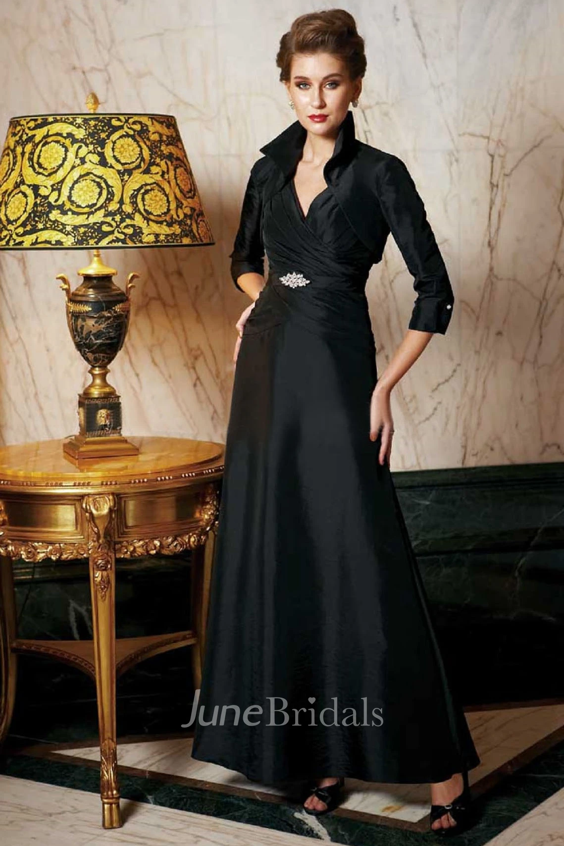 Modest Elegant Two Piece Half Sleeve Detachable Cape Maxi Mother of the Bride Dress Formal Black Ruching Beading Wedding Guest Dress