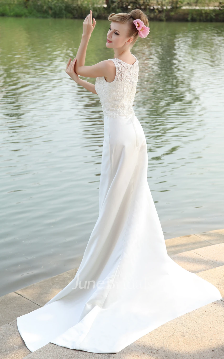 Gossamery Satin Column Style Dress With Laced Top