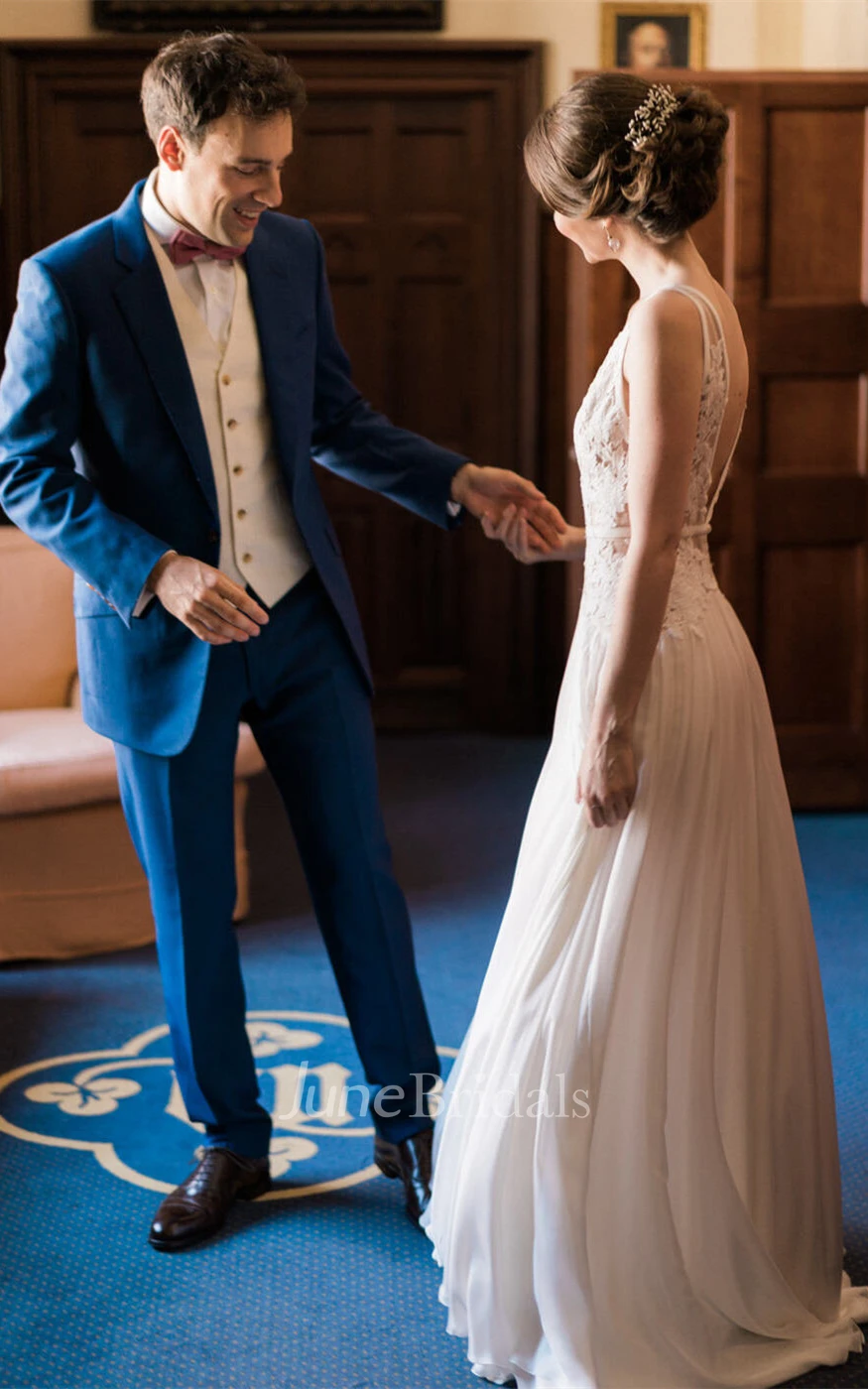 Modern A Line Plunging Neck Chiffon Lace Spring Wedding Dress with Pleats