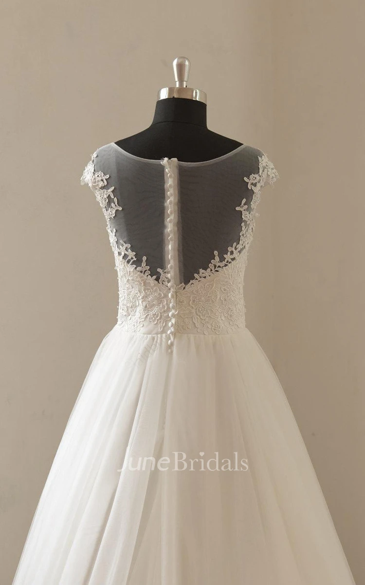 Cap Sleeve Tulle Lace Satin Weddig Dress