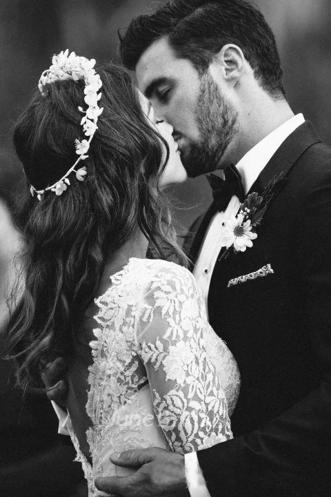 Romantic Bohemian Long Sleeves Sexy Deep V Neck Backless Lace Wedding Dress