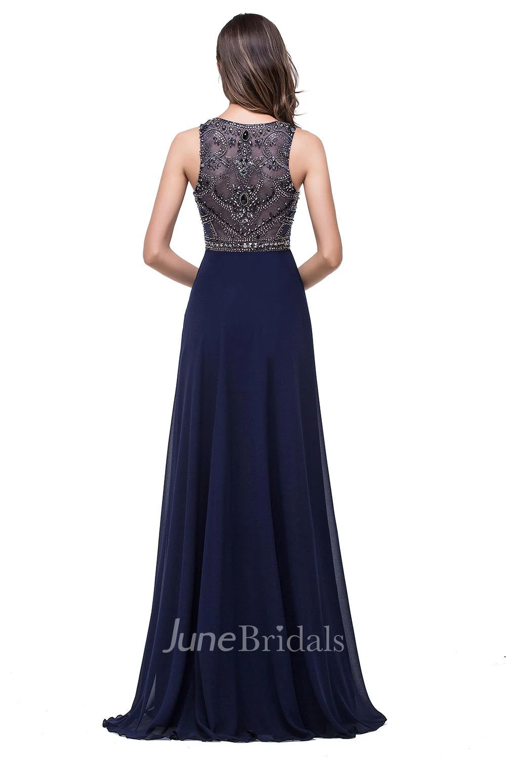 Modern Chiffon A-line Prom Dress Beadings Illusion Zipper