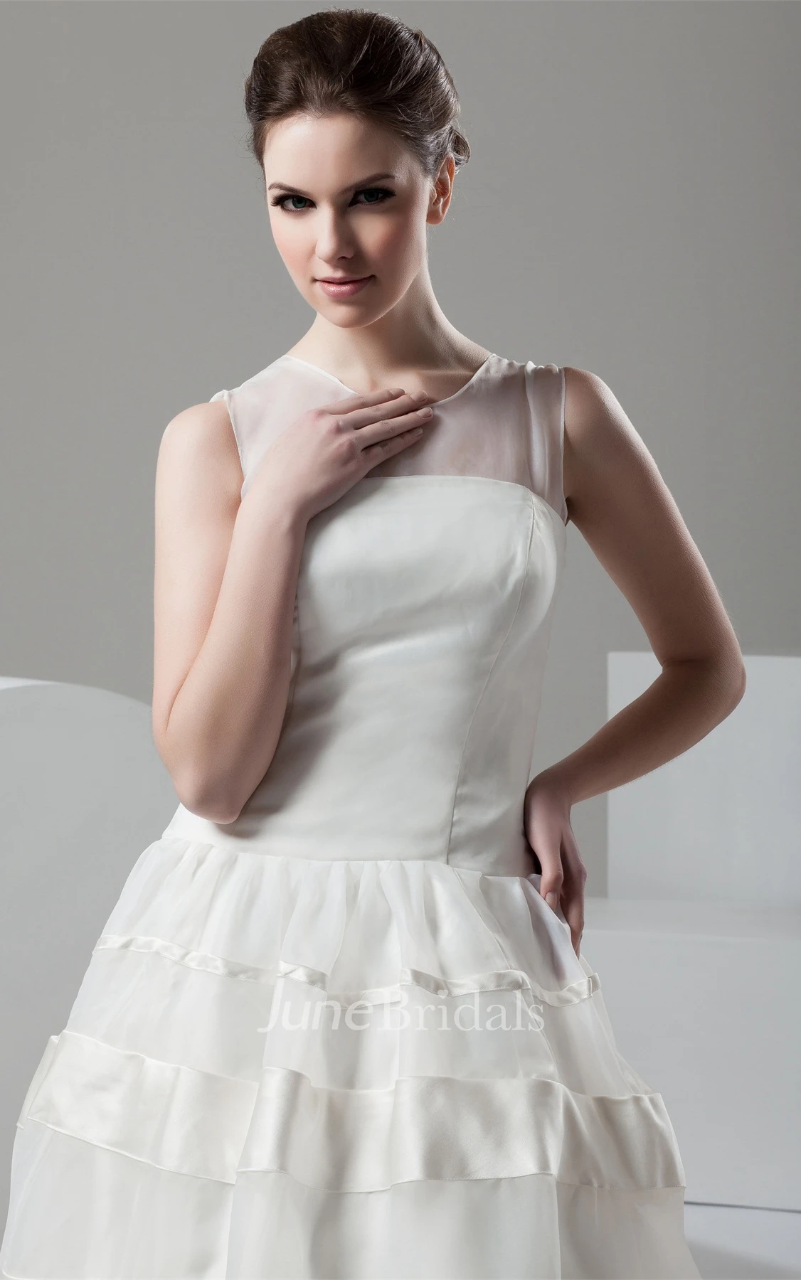 Sleeveless A-Line Gown with Illusion Neckline and Keyhole Back