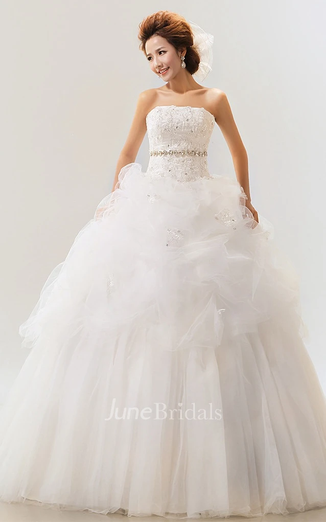 Intricate Strapless Ruffled Ball Gown With Crystal Detailing