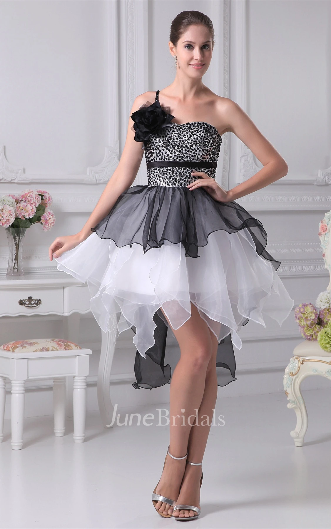 High-Low Flowered One-Shoulder Beaded Bodice Gown with Layered Ruffles