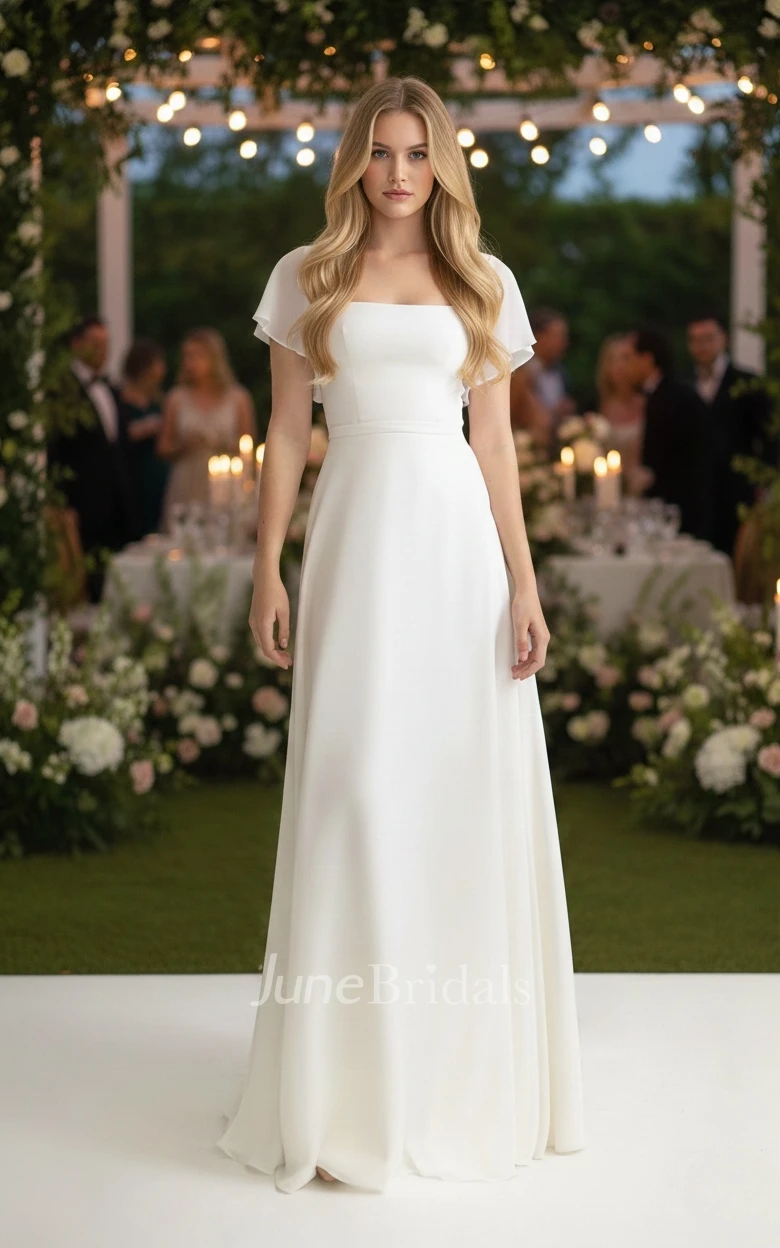 Modest A-Line Square Neckline Floor-Length Adorable Minimalist Short Bell Sleeves Spring Wedding Dress
