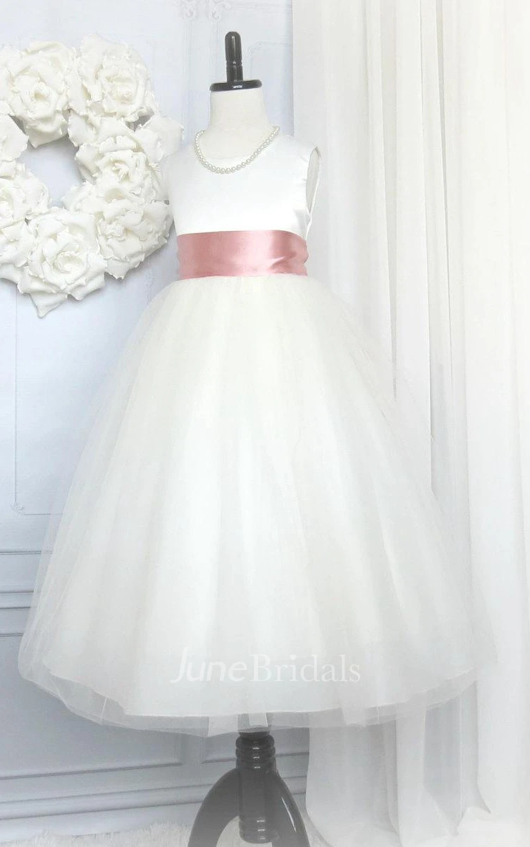 First Communion Sleeveless Jewel Neck Tulle Flower Girl Dress