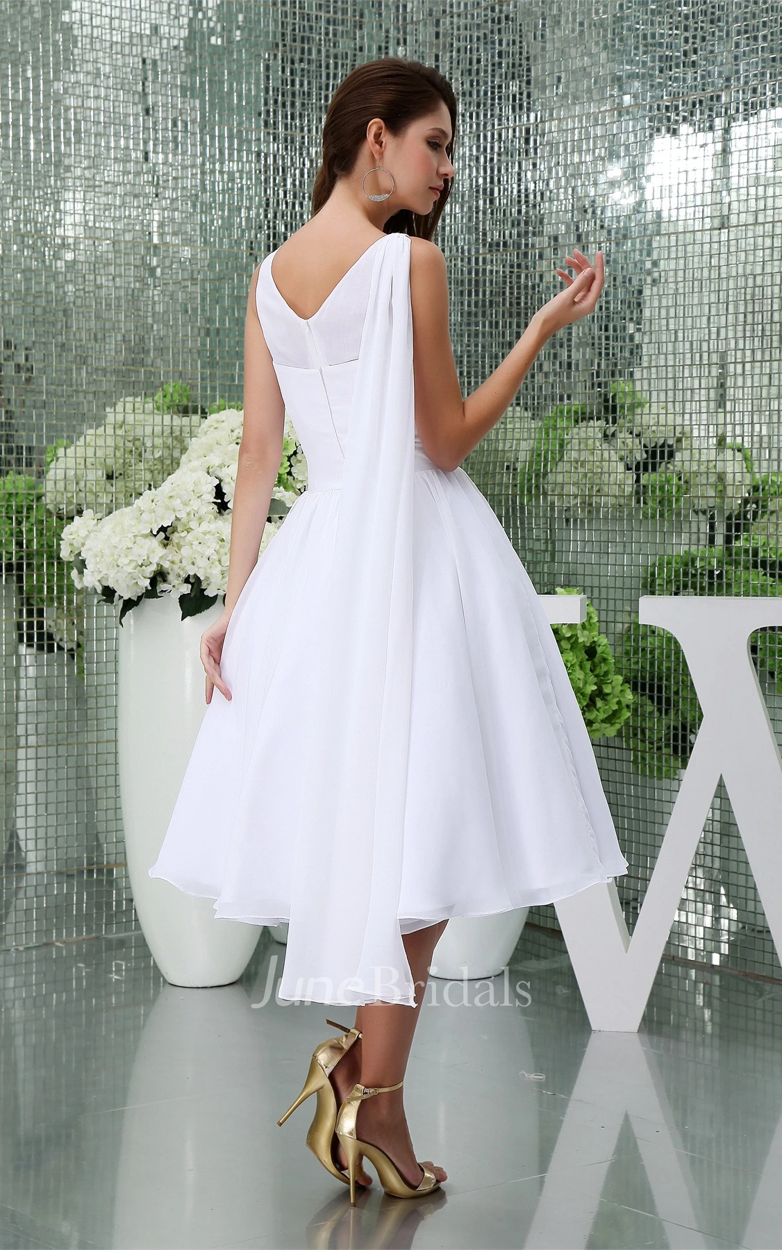 Sleeveless Chiffon A-Line Tea-Length Dress with Pleats