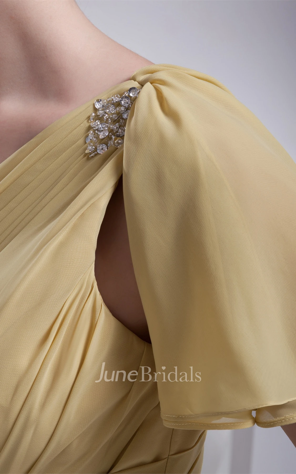 Ruched One-Shoulder Sleeveless A-Line Gown with Pleats and Ruffles