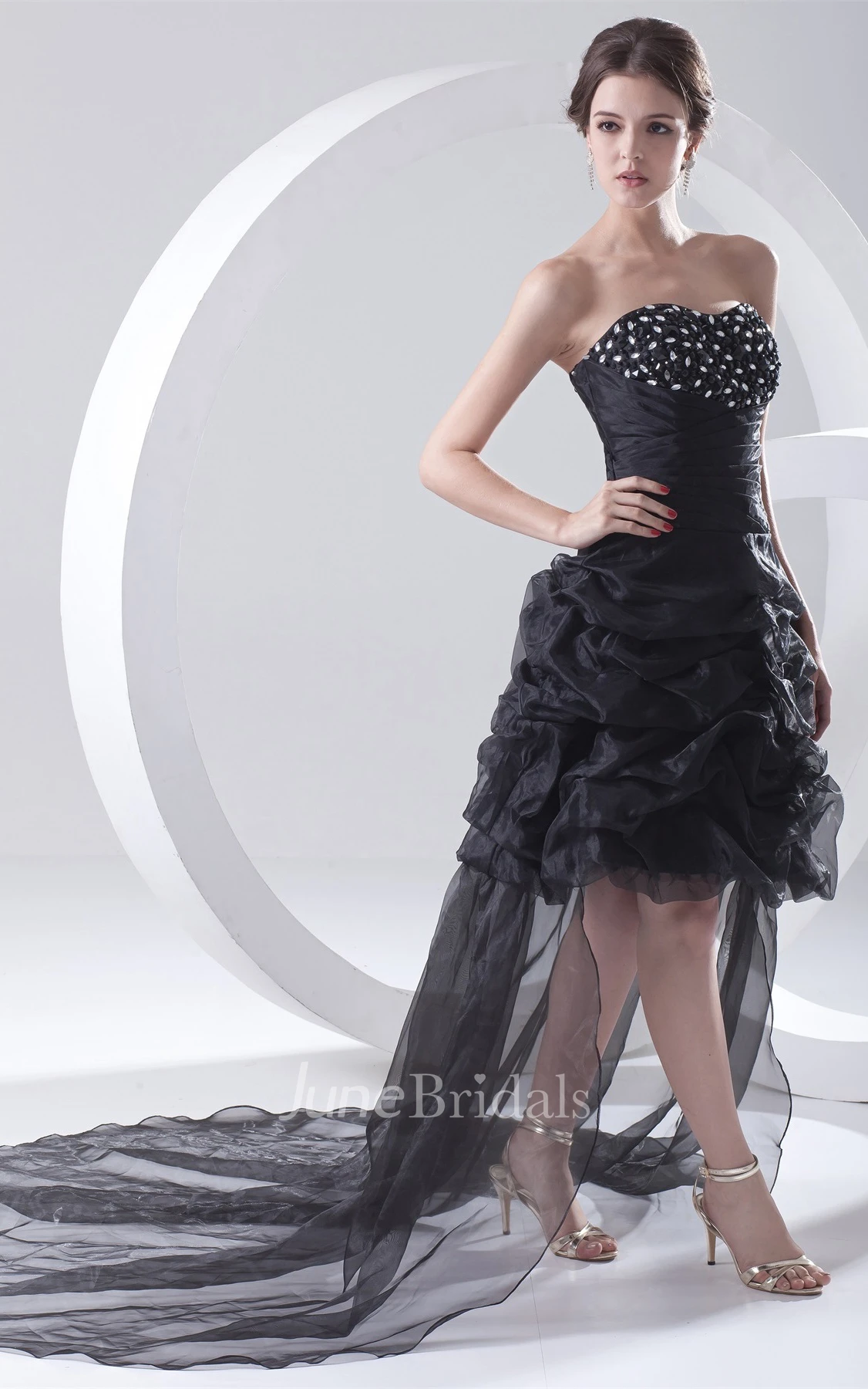 sweetheart short pick-up dress with ruffles and rhinestone