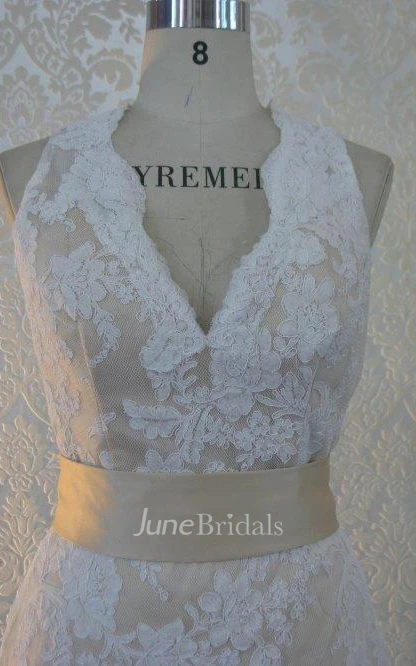 Scalloped Sleeveless Sheath Lace Wedding Dress With Sash And Keyhole Back