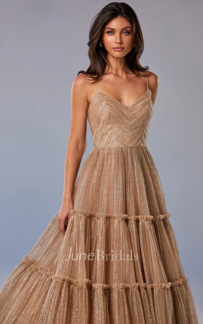 A Line Spaghetti Neck Sleeveless Tulle Tea-length Prom Dress