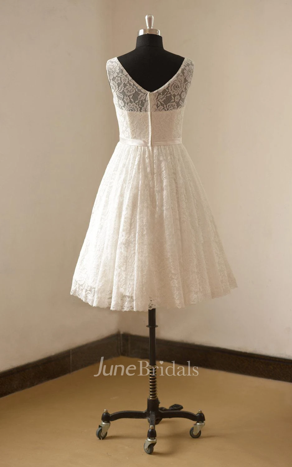 Bateau Neck Sleeveless Tea-Length Lace Wedding Dress With Satin Sash