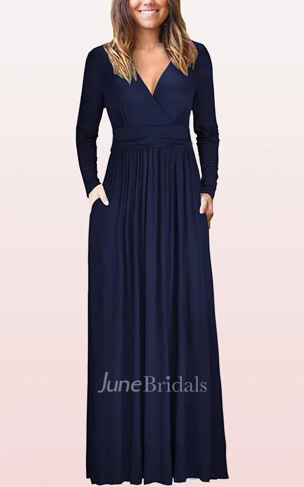 A Line V-neck Jersey Mother Formal Dress With Pockets