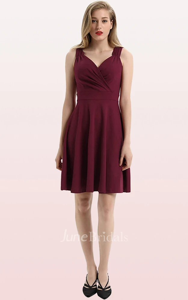 A Line V-neck Jersey Sleeveless Prom Cocktail Dress With Ruffles