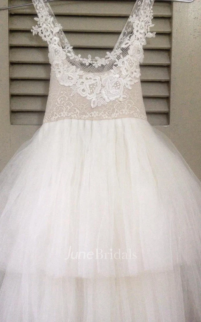 Sleeveless Low-v Neck Tulle&Lace Dress With Flower