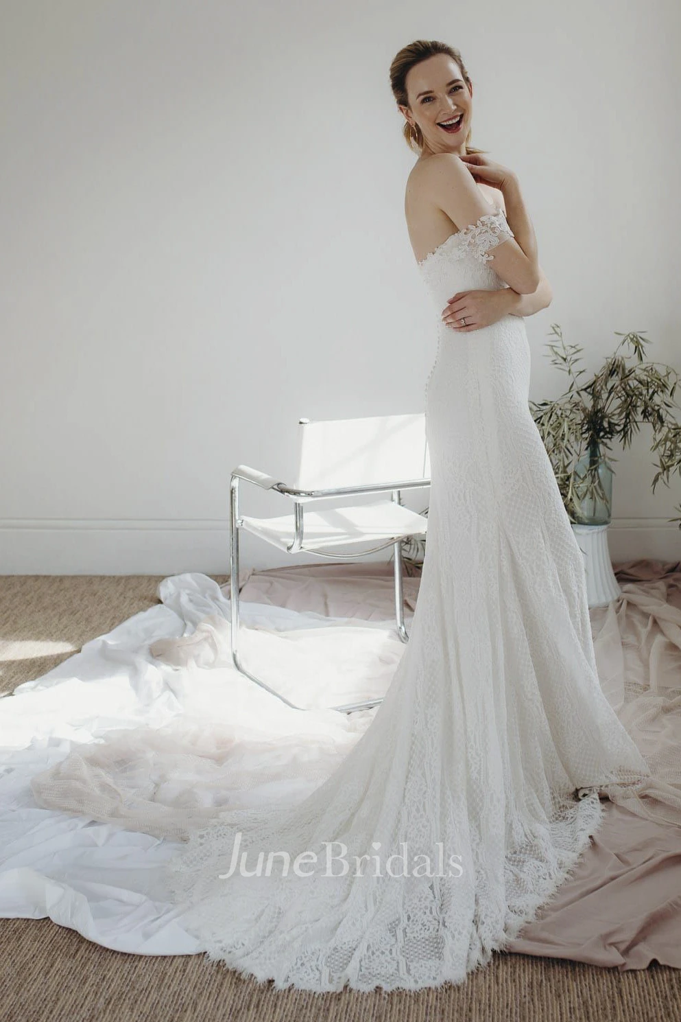 Lace Off-the-shoulder Elegant Sheath Sweetheart Bridal Gown With Open Back And Buttons