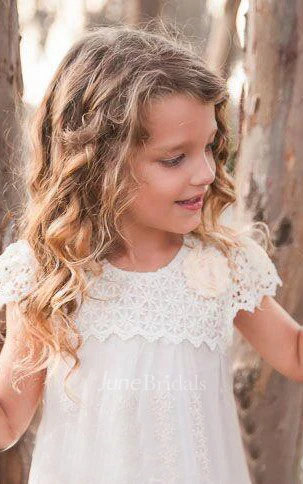 Lace Cap Sleeve Lace&Satin Dress With Flower